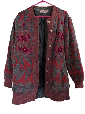 Vintage 80s Lined Knit Cardigan Jacket With Floral Appliqué